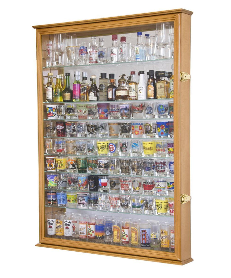 XL Mirror Backed and 11 Glass Shelves Shot Glasses Display Case Cabinet - sfDisplay.com